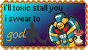 A stamp reading I'll toxic stall you i swear to god, over a blue and purple gradient background. Cofagrigus's sprite, along with the leftovers held item's sprite, are in the corner.