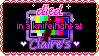 A stamp reading died in a knife fight at Claire's. The words died and claire's are in a cursive font. the background is a recreation of the image in Deltarune chapter 4 foretelling Tenna's death, however his colorbars are visible.