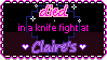 A stamp reading died in a knife fight at Claire's. The words died and claire's are in a cursive font. the background is a recreation of the elevator in the CORE area of Undertale where the Mettaton fight takes place.