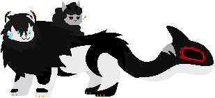 A drawing of my fursona, Faust, a primarily black and white chimera with the body of a lion, a sheep's head on his back, and an orca's head for a tail. He's posed somewhat playfully, and drawn simplistically, with a white outline.