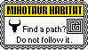 A stamp designed to look like a warning sign, reading MINOTAUR HABITAT. Find a path? Do not follow it.