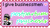 A stamp reading I Give Businessmen Postpartum Psychosis, with a small heart and a pastel background. A sprite of Spamton as an angel from Deltarune sits in the corner. The angel's wings flap, and the heart bobs up and down one pixel.