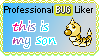 A stamp reading Professional Bug Liker, This Is My Son. The pokemon Weedle's generation one sprite is in the corner.