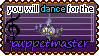 A stamp reading You will dance for the puppetmaster, with an animated version of Chandelure from Pokemon's party sprite bobbing up and down in the middle. The background is a purple gradient overlaid with a purple music staff and a black trebel clef.